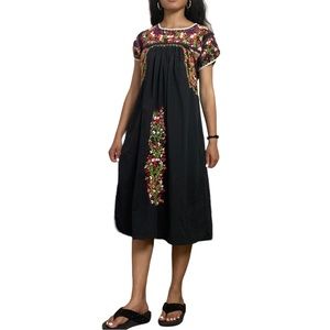 Mexican Hand Embroidered Midi Dress Huipil Bata Black